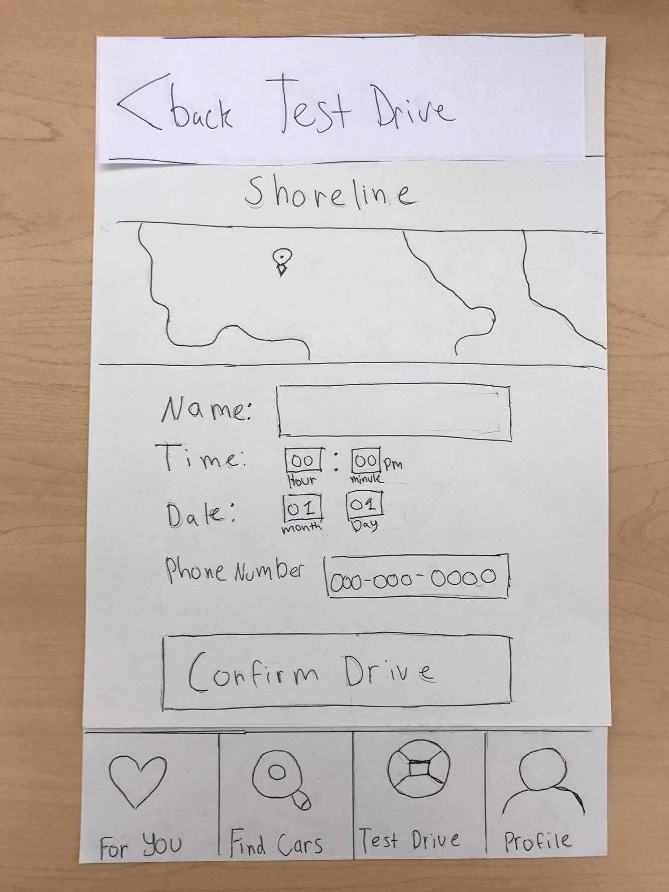 A sketch showing a screen from where a test drive can be scheduled