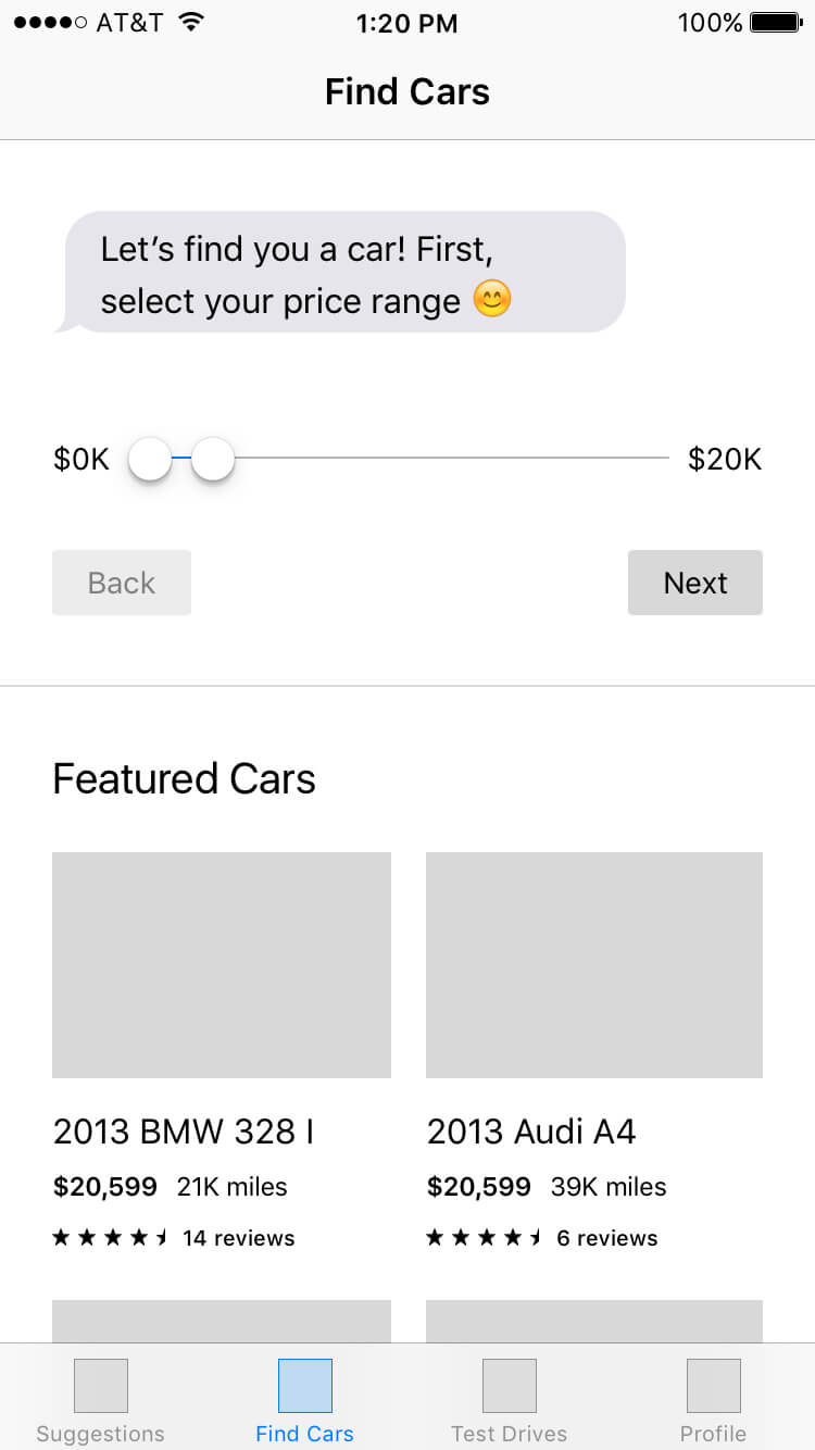 A wireframe showing the Find Cars page