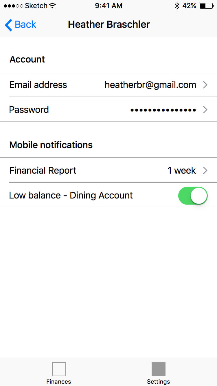 A wireframe for parents' settings page