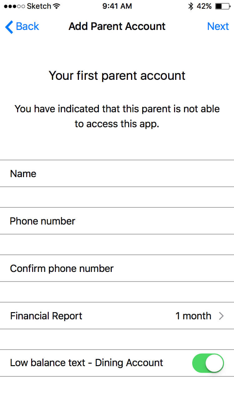 A wireframe for adding the first parent account
